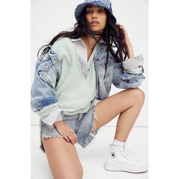 Free People Solitaire 100% Cashmere Mint Green V-Neck Sweater Large - Picture 1 of 8